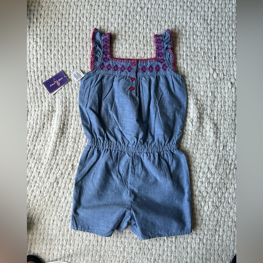 Gymboree NWT Size 3T chambray romper (Shorts)w/pink/purple contrast stitching - Picture 2 of 9